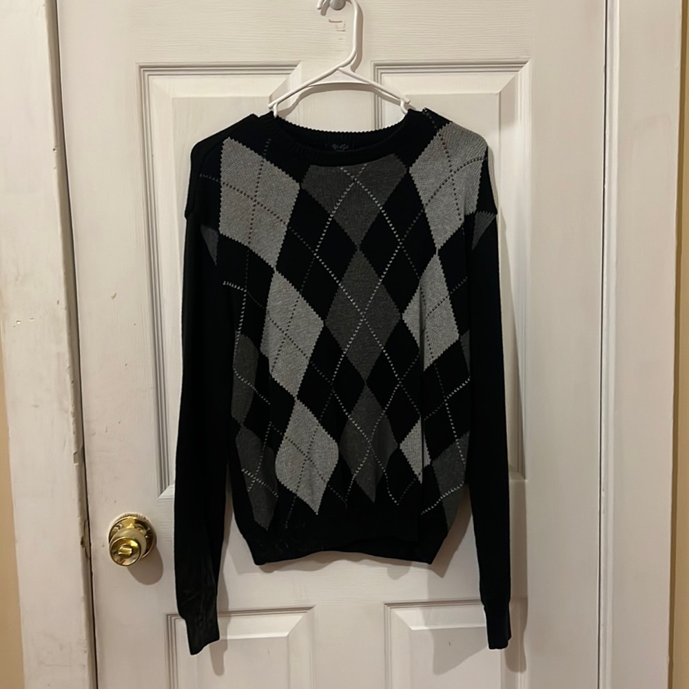 black and gray argyle sweater